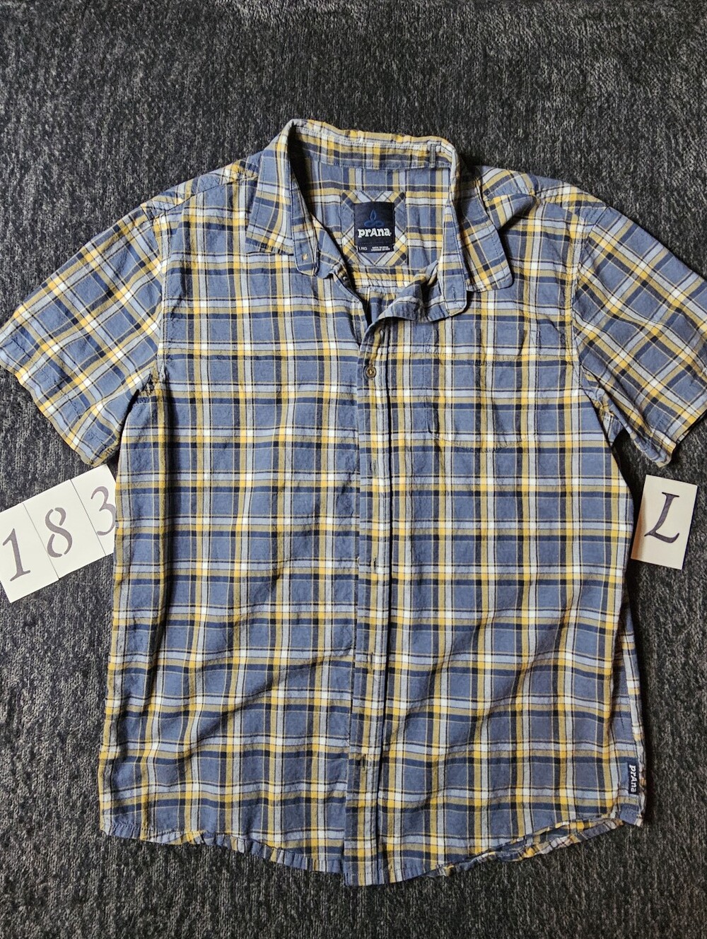 Prana Short Sleeve Plaid Button-Down Shirt in Blue & Yellow
